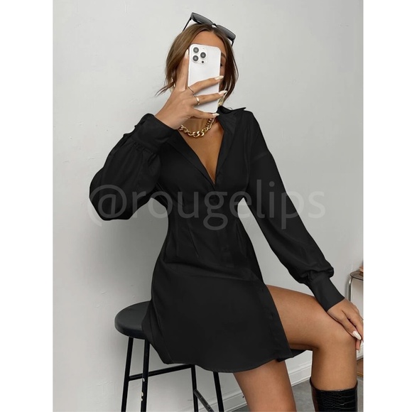 Black Fitted Waist Drop Shoulder Buttoned Down Shirt Dress Long Sleeve - Picture 4 of 7